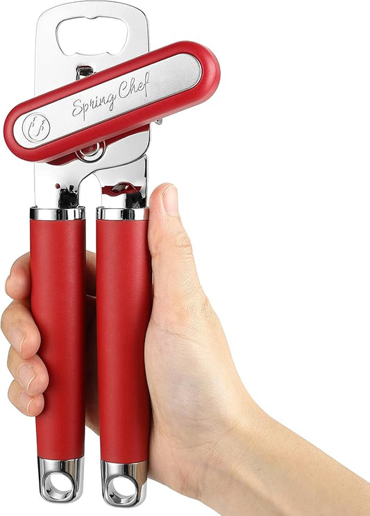 Spring Chef Stainless Steel Can Opener - Manual with Soft Grip Handles, Easy Turn, Heavy Duty Hand Can Opener for Seniors with Smooth Edge - Red by SpringChef