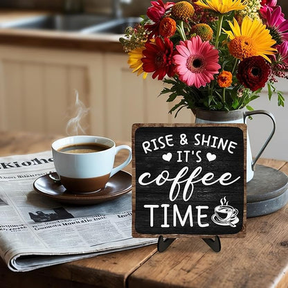 Farmhouse Coffee Wooden Plaque Sign, Vintage Desk Decor for Home or Office Coffee Station,Cafe Bar Sign - Rise & Shine It's Kitchen Wooden Sign 5.9x5.9In (Black2) - Image 3