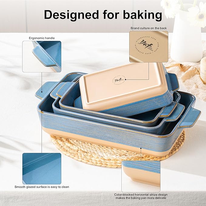 Dafuceramic Casserole Dishes for Oven, Baking Dishes, Ceramic Bakeware Sets of 4, Rectangular Baking Pan Set with Handles for Baking, Casserole, Kitchen, Wedding Gift (Blue Yellow) - Image 6
