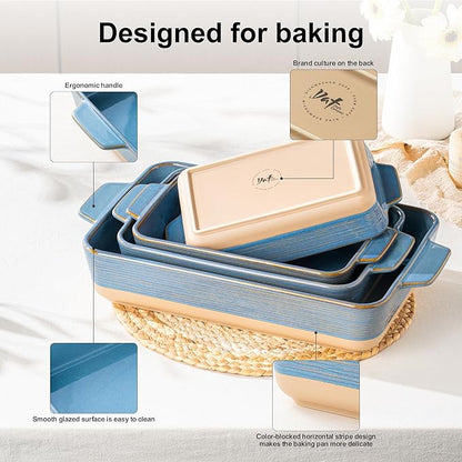 Dafuceramic Casserole Dishes for Oven, Baking Dishes, Ceramic Bakeware Sets of 4, Rectangular Baking Pan Set with Handles for Baking, Casserole, Kitchen, Wedding Gift (Blue Yellow) - Image 6