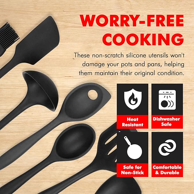 Chef Craft - Premium Silicone Kitchen Tools and Utensils Set, Non-Scratch, Withstands Temperatures up to 450°F, BPA-Free, 7 Piece Cooking Utensils Set, Black - Image 3
