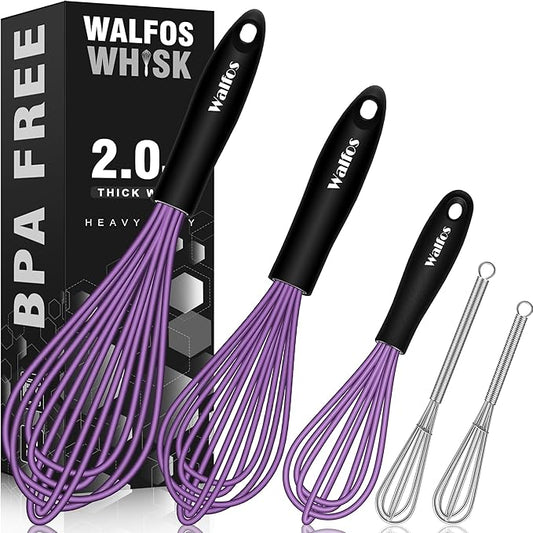 Walfos Whisk, Silicone Whisks Set of 5, Mini Stainless Steel Whisk 7+5in & Non Scratch Coated 7+9+11in Whisks, Suitable for Blending, Whisking, Beating, Frothing & Stirring. (Purple) by Walfos