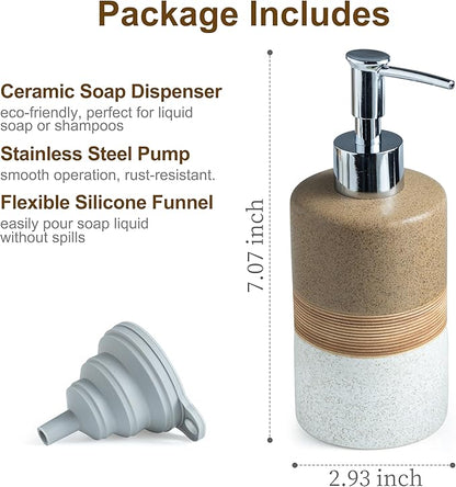 Ceramic Soap Dispenser Set for Hand Soap, Shampoo, Dish Soap, Conditioner, Includes Stainless Steel Pump and Silicone Funnel, 12 Oz, Modern Kitchen Decor