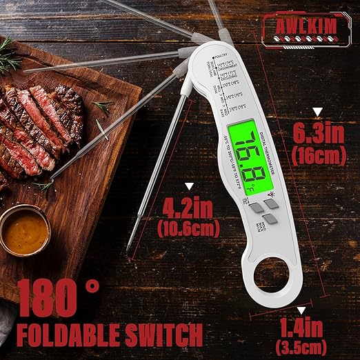 AWLKIM Digital Meat Thermometer with Doneness Chart, 2-Sec Instant Read Food Thermometer for Cooking, Grilling, Oven, Air Fryer - Waterproof Backlit Magnetic Flip Probe, Gift for Men, Dad - White - Image 3