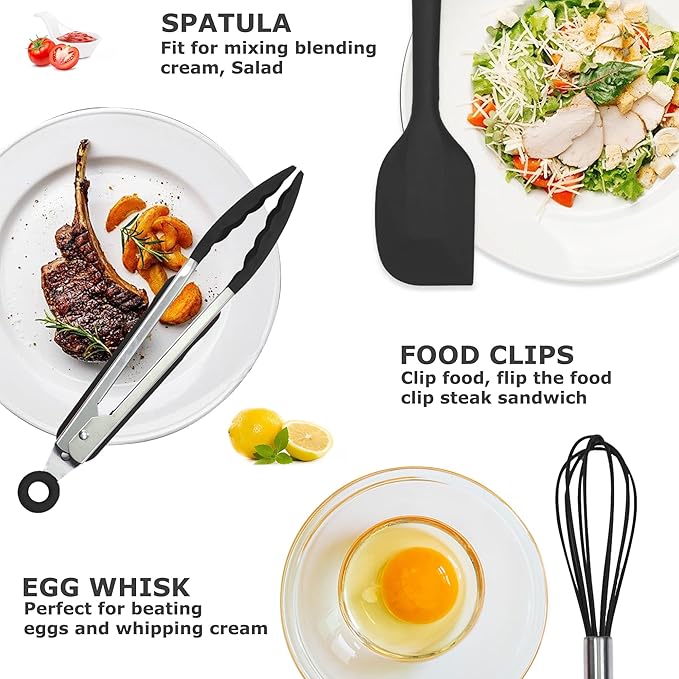 Silicone Kitchen Cooking Utensils Set Kitchen Spatula Set with Holder,5 pcs Heat Resistant Silicone Kitchen Utensils Gadgets Tools Set for Nonstick Cookware,Dishwasher Safe (Black) - Image 2