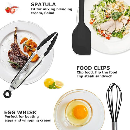 Silicone Kitchen Cooking Utensils Set Kitchen Spatula Set with Holder,5 pcs Heat Resistant Silicone Kitchen Utensils Gadgets Tools Set for Nonstick Cookware,Dishwasher Safe (Black) - Image 2