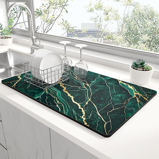 Rnivvi Dish Drying Mat for Kitchen Counter, 12 x 19" Cute Marble Super Absorbent Draining Pad, Non-Slip Heat Resistant Coffee Bar Mats for Coffee Machine Station Accessories, Green Gold Dish Rack Pad by Rnivvi