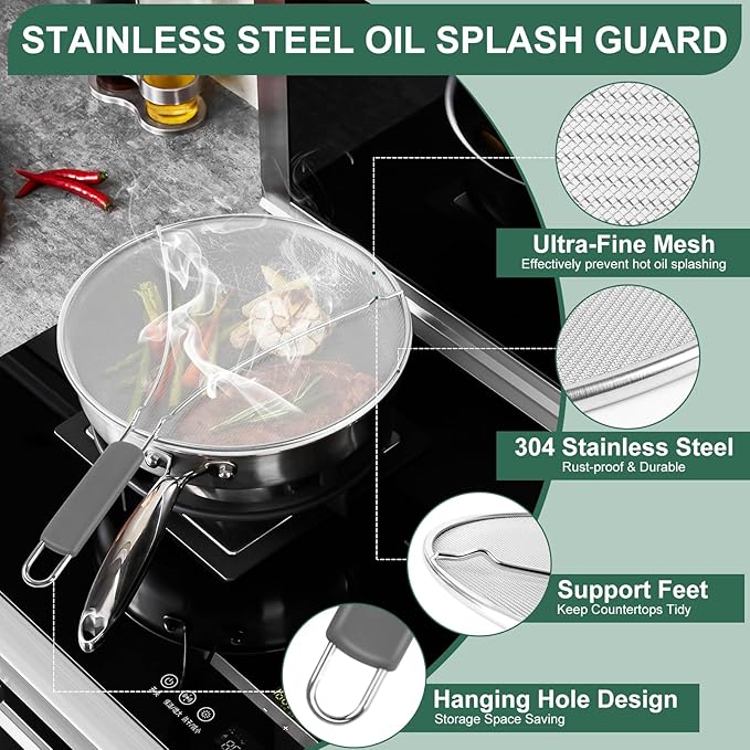 Splatter Screen for Frying Pan - 9.8" 11.4" 13" Stainless Steel Fine Mesh Grease Splatter Guard with Silicone Handle, Hot Oil Splash Guard for Cooking to Prevent Oil Splatter, Safe Cooking - Image 3