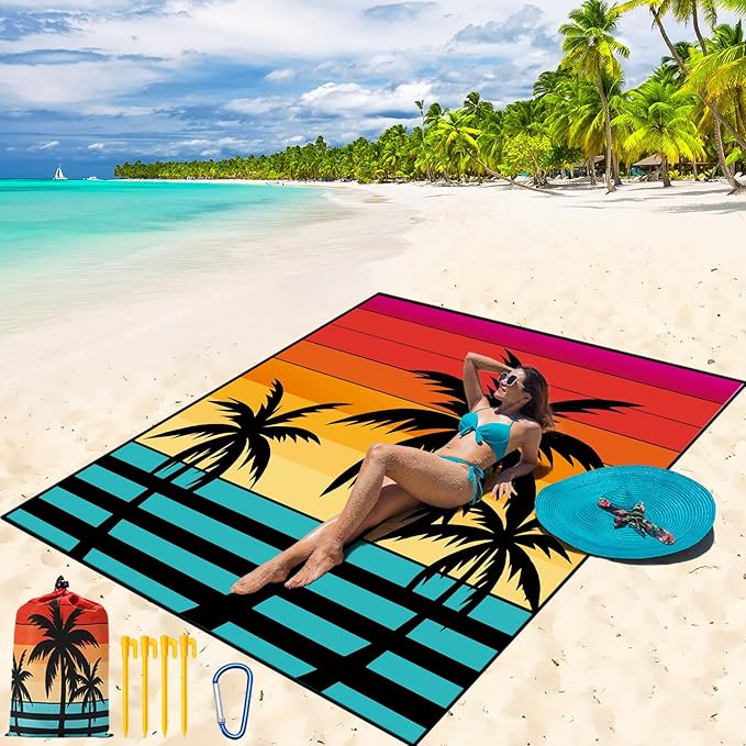 WIWIGO Beach Blanket Waterproof Sandproof Beach Mat 79" X 83"/10'x9'for 2-8 Adults Quick Drying Outdoor Picnic Mat Beach Accessories for Travel, Camping, Hiking by WIWIGO