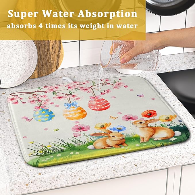 Giwawa Easter Bunny Dish Drying Mat, Spring Rabbits Eggs Hunt Dish Drainer Mats for Kitchen Countertop, Watercolor Floral Absorbent Reversible Dish Drying Pad Decor, 16x18inches, Small