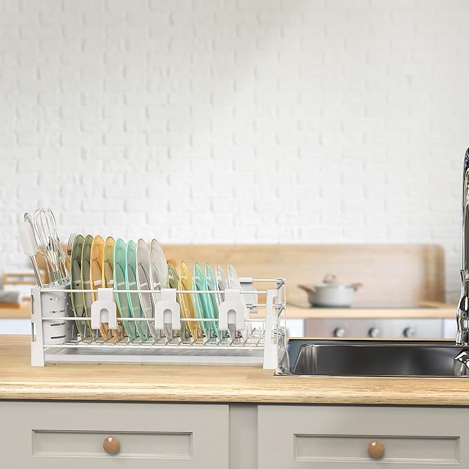 Simple Houseware White Dish Drying Rack with Drainboard, Utensil Holder & Mug Hooks – Metal Kitchen Counter Organizer - Image 5