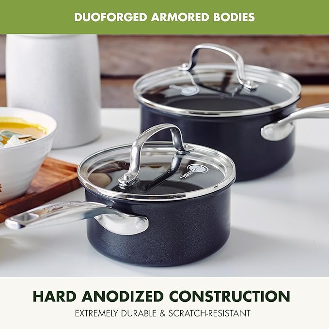GreenPan Prime Chatham 1QT & 2QT Saucepan Pot Set with Glass Lids, Hard Anodized Diamond Infused Ceramic Nonstick, PFAS-Free, Dishwasher Safe, Oven Safe, Multipurpose Chefs Pan, Stay-Cool Handle,Black - Image 5