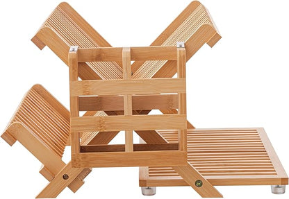 HBlife Bamboo Dish Drying Rack with Utensil Holder, 3-Tier Large Collapsible Wooden Dish Drainer Rack, Folding Drying Holder Dish Drainer for Kitchen Counter by HBlife