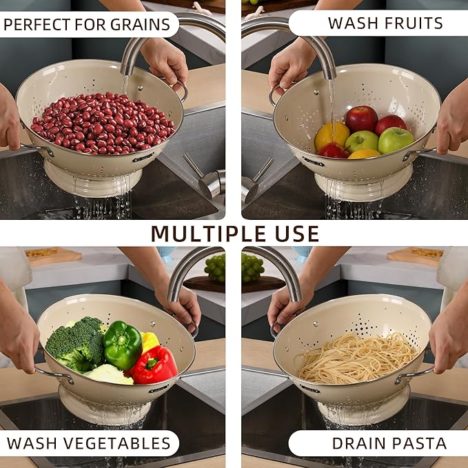 Metal Colander 2 Pack, Strainer Bowel with Handles 2Qt & 6Qt Powder Coated Solid Ring Base Heavey Duty Kitchen Drainer Basket for Pasta Veggies and Fruits,New Home Apartment Essentials (Almond Cream) - Image 6
