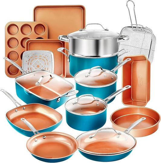 GOTHAM STEEL 20 Piece Copper Pots and Pans Set Nonstick Cookware & Ceramic Bakeware Set, PFOA PFOS Free, Dishwasher/Oven Safe, Metal Utensil Safe – Turquoise by GothamSteel
