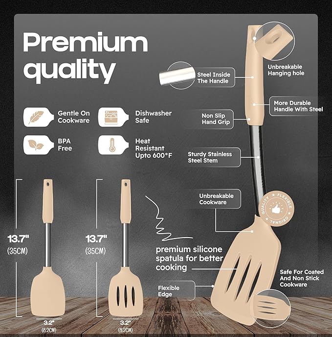 BakeRoyal Silicone Spatula Set - Turner Spatulas Silicone Heat Resistant 600°F - Slotted & Solid Silicone Spatulas for Cooking Fish, Eggs, Pancakes Flipper – Silicone Cooking Utensils Set – Beige - Image 2