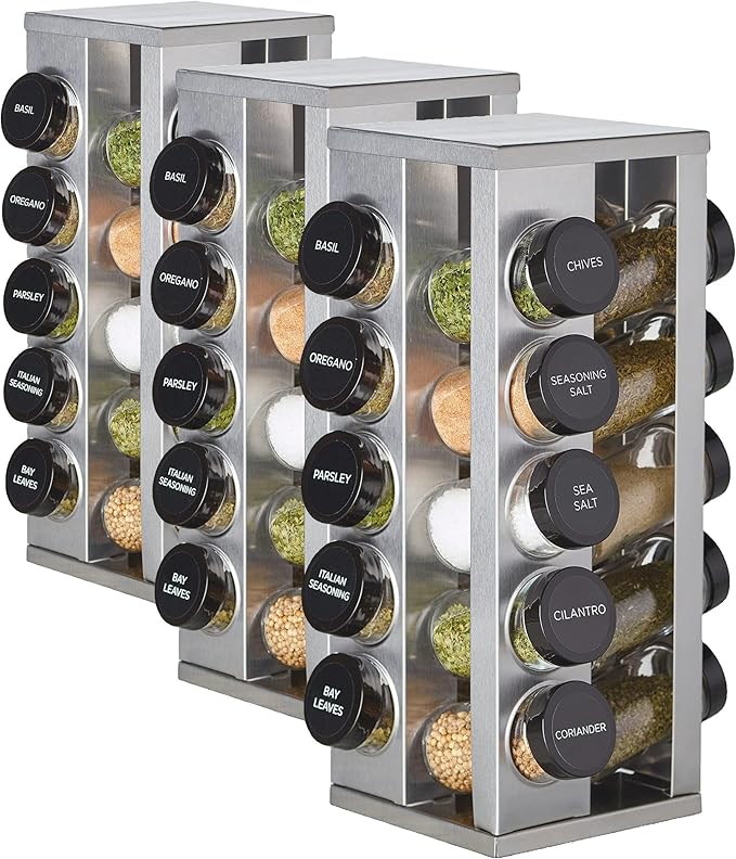 Kamenstein 20 Jar Heritage Revolving Countertop Spice Rack Organizer with Spices Included, FREE Spice Refills for 5 years, Brushed Stainless Steel with Black Caps (Pack of 3) by Kamenstein