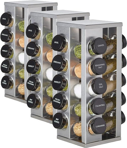 Kamenstein 20 Jar Heritage Revolving Countertop Spice Rack Organizer with Spices Included, FREE Spice Refills for 5 years, Brushed Stainless Steel with Black Caps (Pack of 3) by Kamenstein