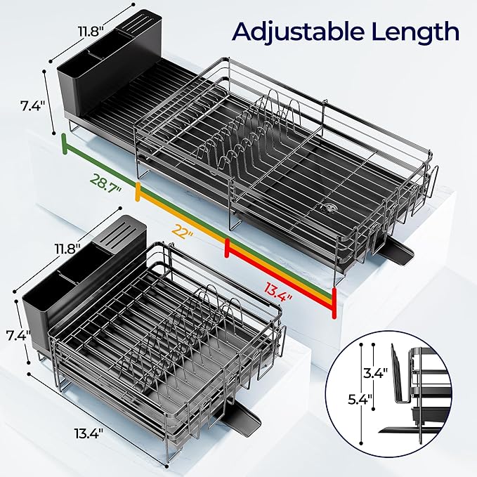 Large Dish Drying Rack, Expandable Dish Rack for Kitchen Counter, Dishrack with Drainboard Set, Multifunctional Dish Drainer with Utensil Holder & Cup Holder, Black