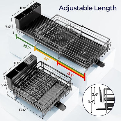 Large Dish Drying Rack, Expandable Dish Rack for Kitchen Counter, Dishrack with Drainboard Set, Multifunctional Dish Drainer with Utensil Holder & Cup Holder, Black