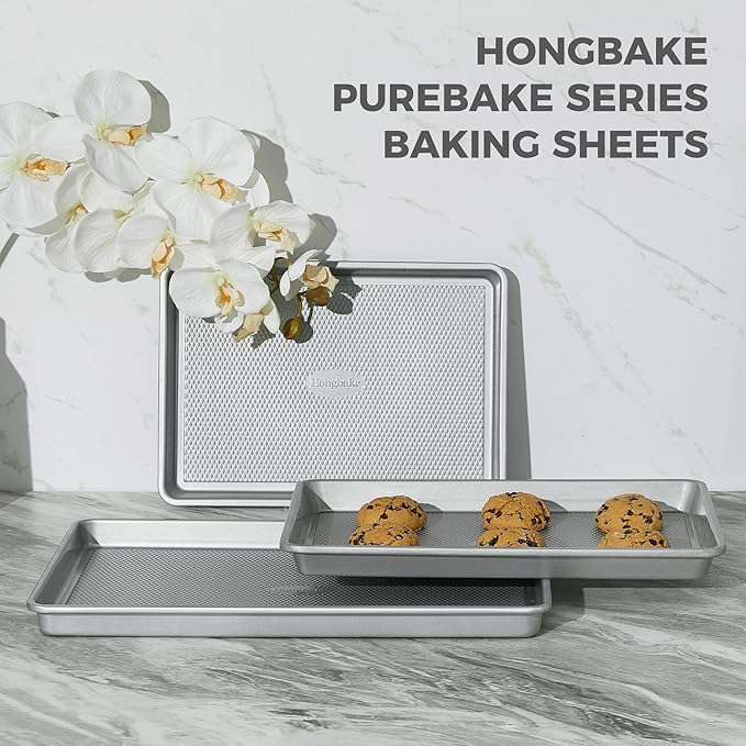 HONGBAKE Naturally Non Toxic Baking Sheet Pan Set of 3, Heavy Duty Aluminized Steel Cookie Sheets, Half/Quarter/Jelly Roll Pans with Textured Nonstick Surface, Free of PTFE & PFOA - Image 4
