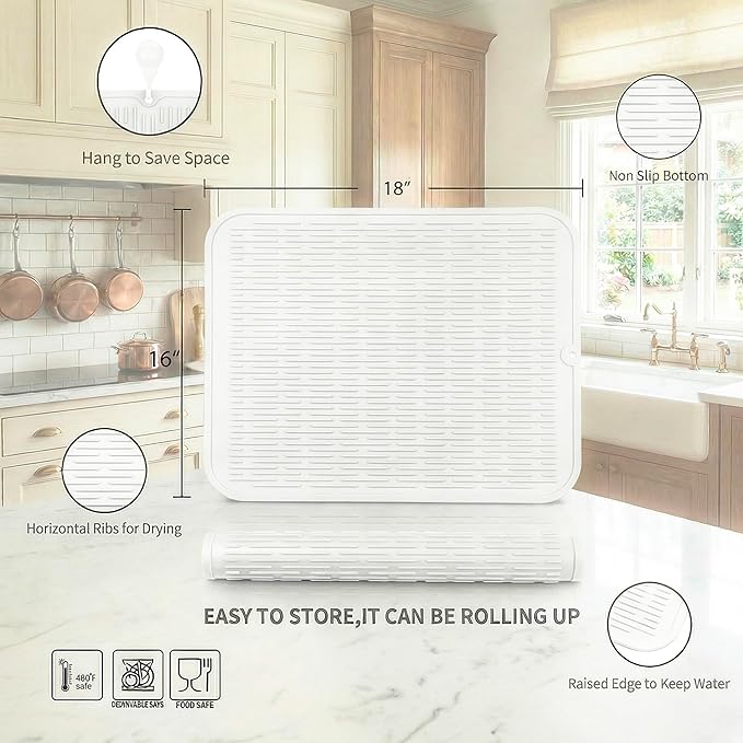 MicoYang Silicone Dish Drying Mat for Multiple Usage,Easy clean,Eco-friendly,Heat-resistant Silicone Mat for Kitchen Counter or Sink,Refrigerator or Drawer Liner White XL 18 inches x 16 inches - Image 2