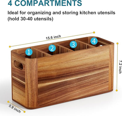 Utensil Holder for Kitchen Counter, Extra Large Utensil Holder for Countertop with 4 Compartments Wooden Cooking Utensil Organizer for Spatula Kitchen Storage, Acacia Wood