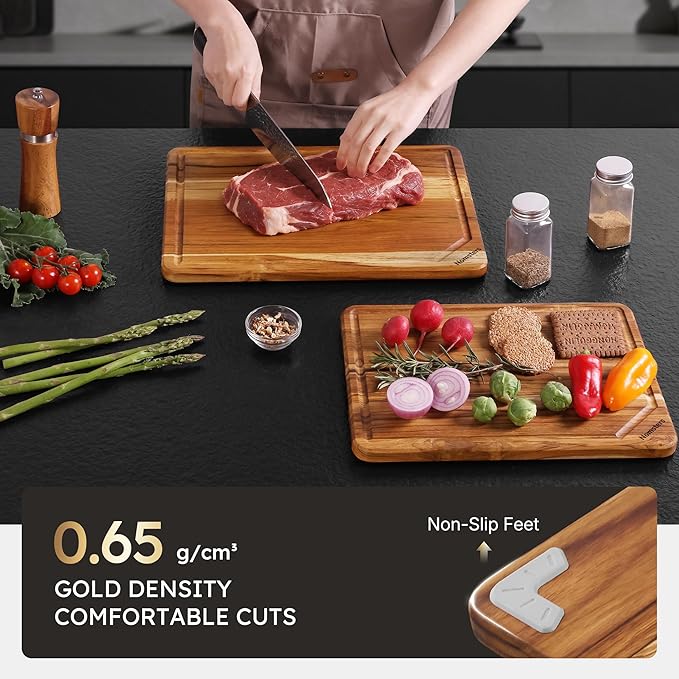 2 Pack Teak Cutting Board for Kitchen Non Toxic Wooden Chopping Board Charcuterie Board Non Slip Over Sink NOT Bamboo Stainless Steel Titanium Acrylic Acacia Olive Glass Plastic Silicone Metal - Image 5