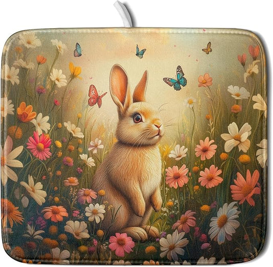 Giwawa Easter Bunny Dish Drying Mat Flower Butterfly Kitchen Drainer Mat 16x18 inch Absorbent Reversible Dish Rack Pad for Counter Tabletop Decor