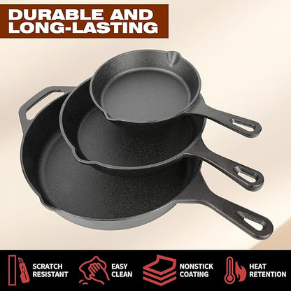 Cast Iron Skillet 3-Piece Set, 6", 8", 10" Frying Pans, Heavy-Duty Pre-Seasoned Pan Cookware Set, For Frying, Saute, Cooking, Pizza & More, Black - Image 3