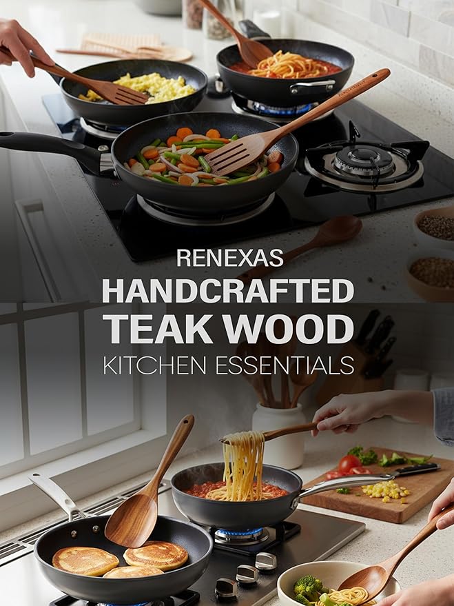 12-Piece Teak Wooden Kitchen Utensil Set – Nonstick Safe Cooking Spoons & Spatulas, Heat Resistant, Durable Natural Wood, Comfortable Grip Handles