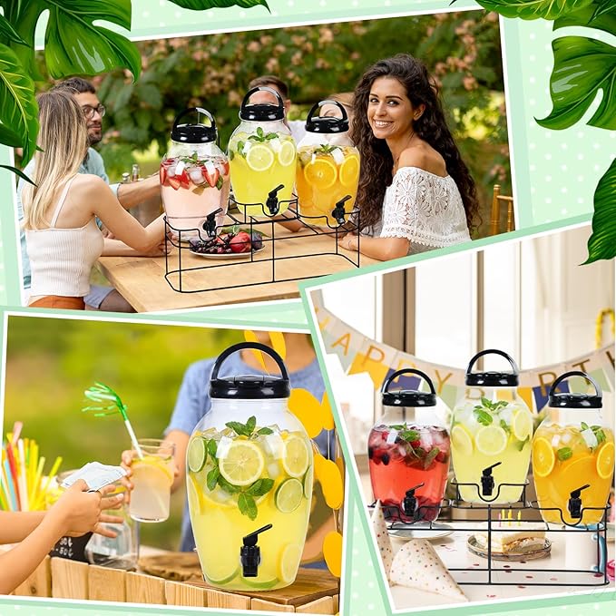 Tanlade 3 Pcs Plastic Drink Dispenser with Spigot and Metal Stand 1.2 Gallon Beverage Dispenser for Parties Juice Dispensers Lemonade Jar with Lids for Cold Drink Tea Water Container (Black)