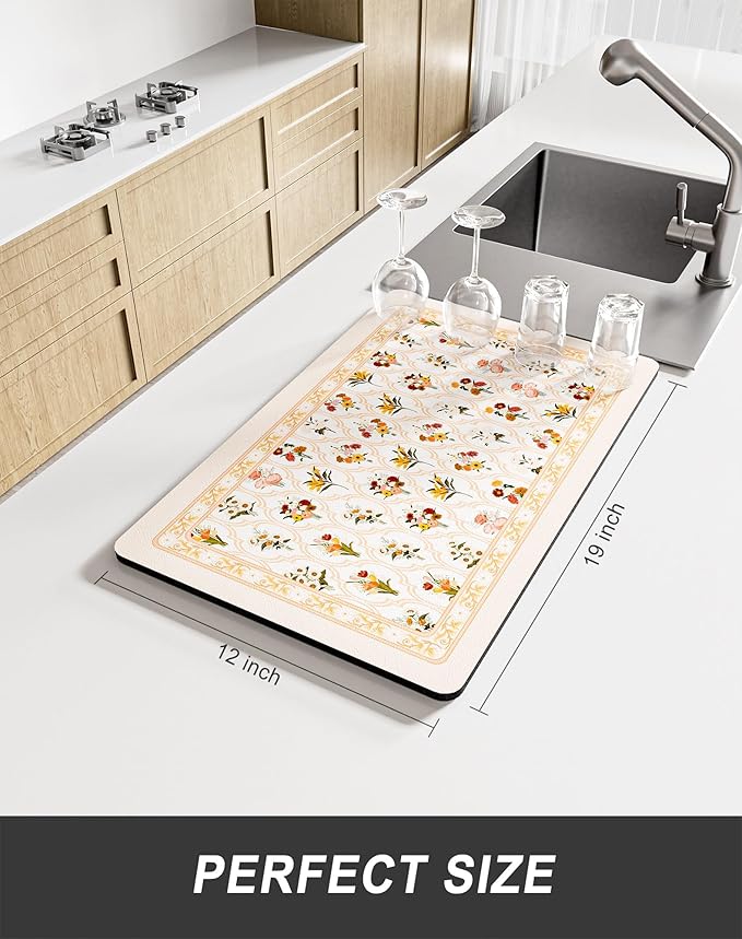 Rnivvi Dish Drying Mat for Kitchen Counter, 12 x 19" Cute Flower Theme Super Absorbent Draining Pad, Non-Slip Heat Resistant Coffee Bar Mat for Coffee Machine Station Accessories, Beige Dish Rack Pad - Image 2