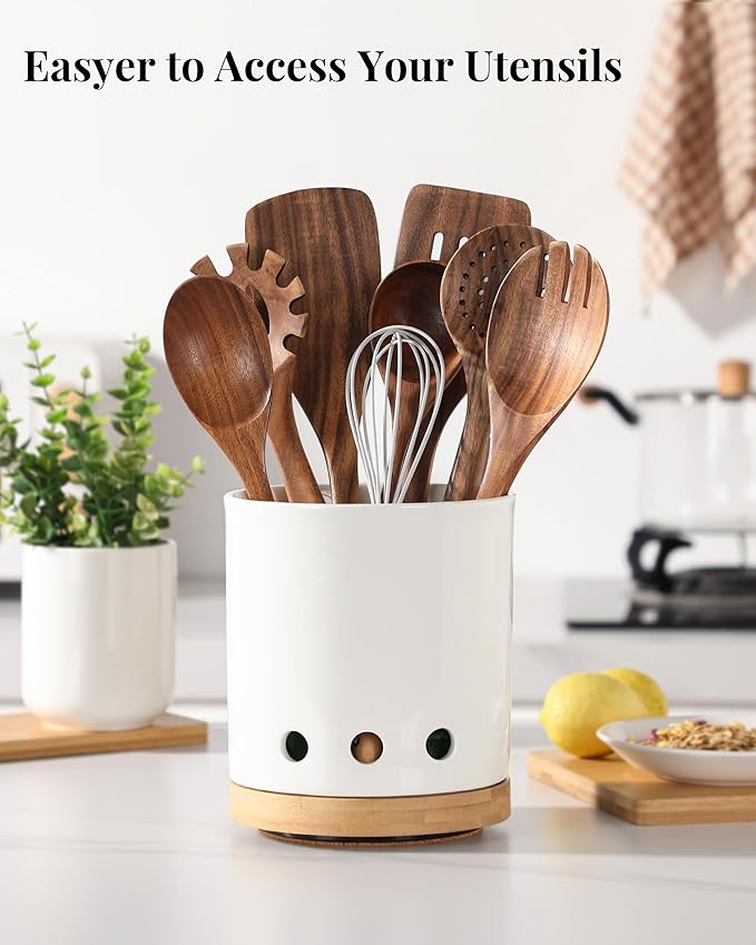 LoeJan 7.3“ 360° Rotating Ceramic Utensil Holder for Kitchen Countertop – Cooking Utensil Crock Organizer with Non-Slip Cork Base for Farmhouse Kitchen Decor, White - Image 5