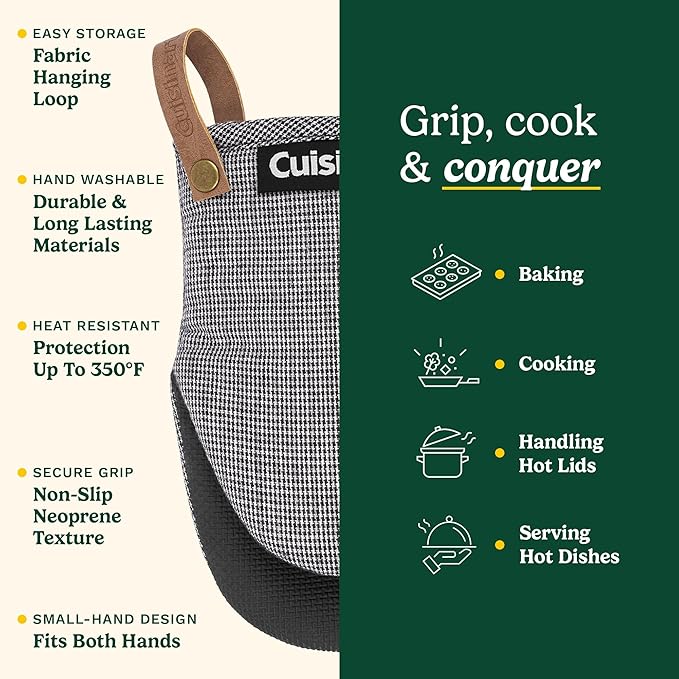 Cuisinart Heritage Mini Oven Mitts – 5.5” x 7” Heat-Resistant Kitchen Mitts for Oven with Non-Slip Neoprene Palm, Cotton Filling, and Faux Leather Loop – Durable Oven Mitt Set for Cooking & Baking - Image 5