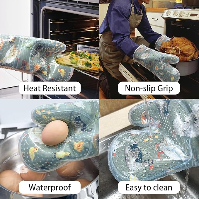 Oven Mitts Set of 2 with Transparent Clear Silicone Shell and Nice Duck Printing Cotton Lining, Heat Resistant to 500 F Kitchen Oven Gloves Pot Holder for Cooking (Wathet Blue, Oven Mitts) - Image 4