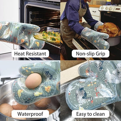 Oven Mitts Set of 2 with Transparent Clear Silicone Shell and Nice Duck Printing Cotton Lining, Heat Resistant to 500 F Kitchen Oven Gloves Pot Holder for Cooking (Wathet Blue, Oven Mitts) - Image 4