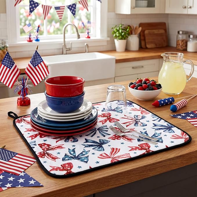 Breling Patriotic Dish Drying Mat 4th of July Kitchen Drying Mat 16 x 18 Inch Red Blue and White Bow Dish Pad Microfiber Non-slip Mats for 250th Anniversary Kitchen Decor Independence Day Accessories