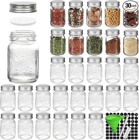 CycleMore 30 Pack 4oz Glass Mason Spice Jars, Round Spice Containers with Silver Metal Caps and Pour/Sift Shaker Lids-80pcs Labels,1 Silicone Collapsible Funnel,1 Brush and 1pcs Pen Included by CycleMore