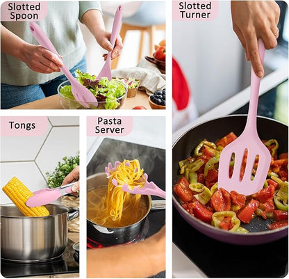 Silicone Cooking Utensils Set of 10, Leonyo Black Kitchen Utensils Set for Cooking, 446°F Heat Resistant Silicone Kitchen Tools with Turner Spatula, Soup Ladle, Spoons for Nonstick Cookware, Pink