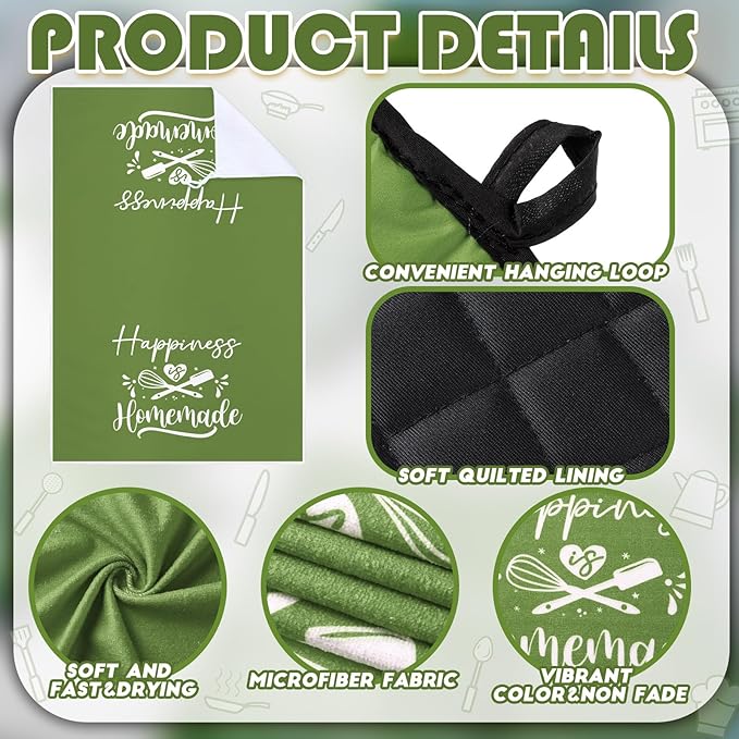 Sratte 6 Pcs Kitchen Decor Accessories Set Farmhouse Towels Pot Holders Oven Mitts Set 2 Dish Towels 2 Potholders 2 Cooking Mittens Oven Glove for Christmas Baking Cooking(Avocado Green,Kitchen) - Image 6