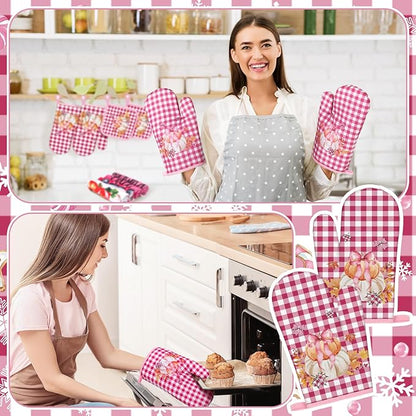 Fanfanwin 10 Pcs Thanksgiving Pumpkin Kitchen Decor Set Pink Kitchen Towels Pot Holders Oven Mitts and Rugs Set for Baking Cooking BBQ Thanksgiving Home Decor