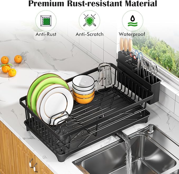 Kmiectse Dish Drying Rack - Space-Saving Small Dish Rack for Kitchen Counter, Rust-Resistant Kitchen Drying Rack, Compact Dish Drainer Organizer with Utensil Holder for Home Kitchen, Black - Image 4