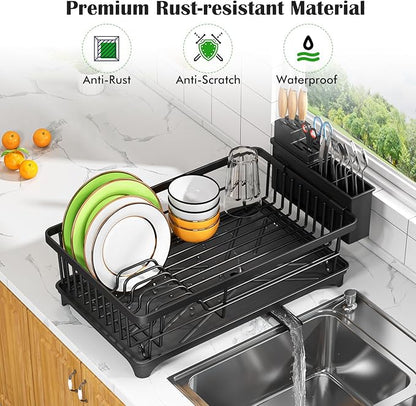 Kmiectse Dish Drying Rack - Space-Saving Small Dish Rack for Kitchen Counter, Rust-Resistant Kitchen Drying Rack, Compact Dish Drainer Organizer with Utensil Holder for Home Kitchen, Black - Image 4