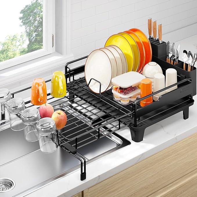 Urackify Dish Drying Rack - Extendable Dish Drainer, Large Dish Rack for Kitchen Counter, Rustproof Dish Strainer with Utensil Holder and Cups Holder, 1 Tier Black by Urackify