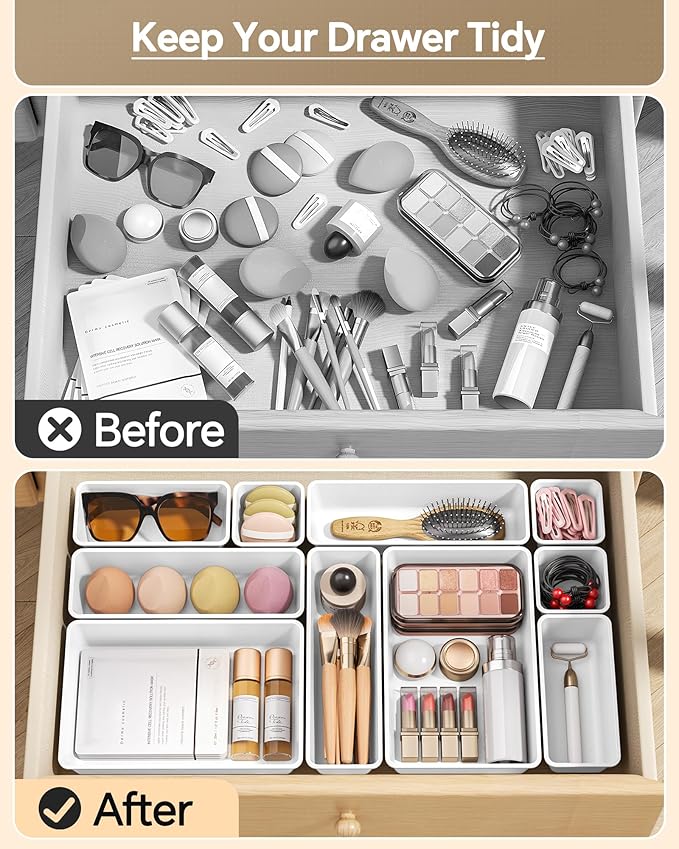 KEMETHY 25 PCS Plastic Drawer Organizers Set, 4 Sizes Vanity Organizer, Makeup and Desk Drawer Organizer Trays, Organization and Storage for Makeup, Bathroom, Kitchen Utensils and Office (White) - Image 3