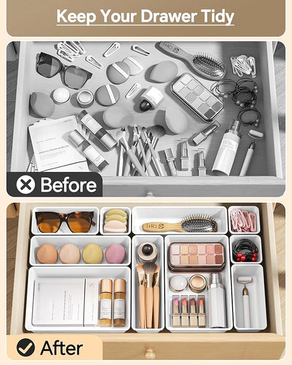 KEMETHY 25 PCS Plastic Drawer Organizers Set, 4 Sizes Vanity Organizer, Makeup and Desk Drawer Organizer Trays, Organization and Storage for Makeup, Bathroom, Kitchen Utensils and Office (White) - Image 3