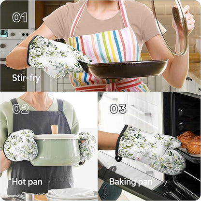 Eucalyptus Leaves Oven Mitts and Pot Holders Sets Sage Green Botanical Floral Kitchen Oven Gloves Hot Pads Farmhouse Potholders and Kitchen Mitts 4Pcs for Baking Cooking BBQ (White)
