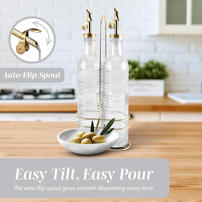 COOK WITH COLOR Glass Olive Oil Bottle Dispenser - 2 Pack- 17oz Oil and Vinegar Cruet - Olive Oil Carafe Decanter for Kitchen, Champagne Bubbles, Clear - Image 5