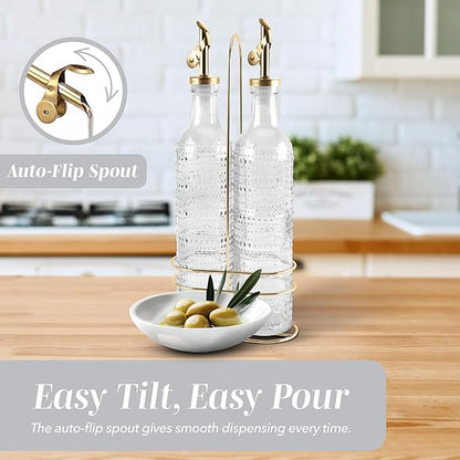COOK WITH COLOR Glass Olive Oil Bottle Dispenser - 2 Pack- 17oz Oil and Vinegar Cruet - Olive Oil Carafe Decanter for Kitchen, Champagne Bubbles, Clear - Image 5